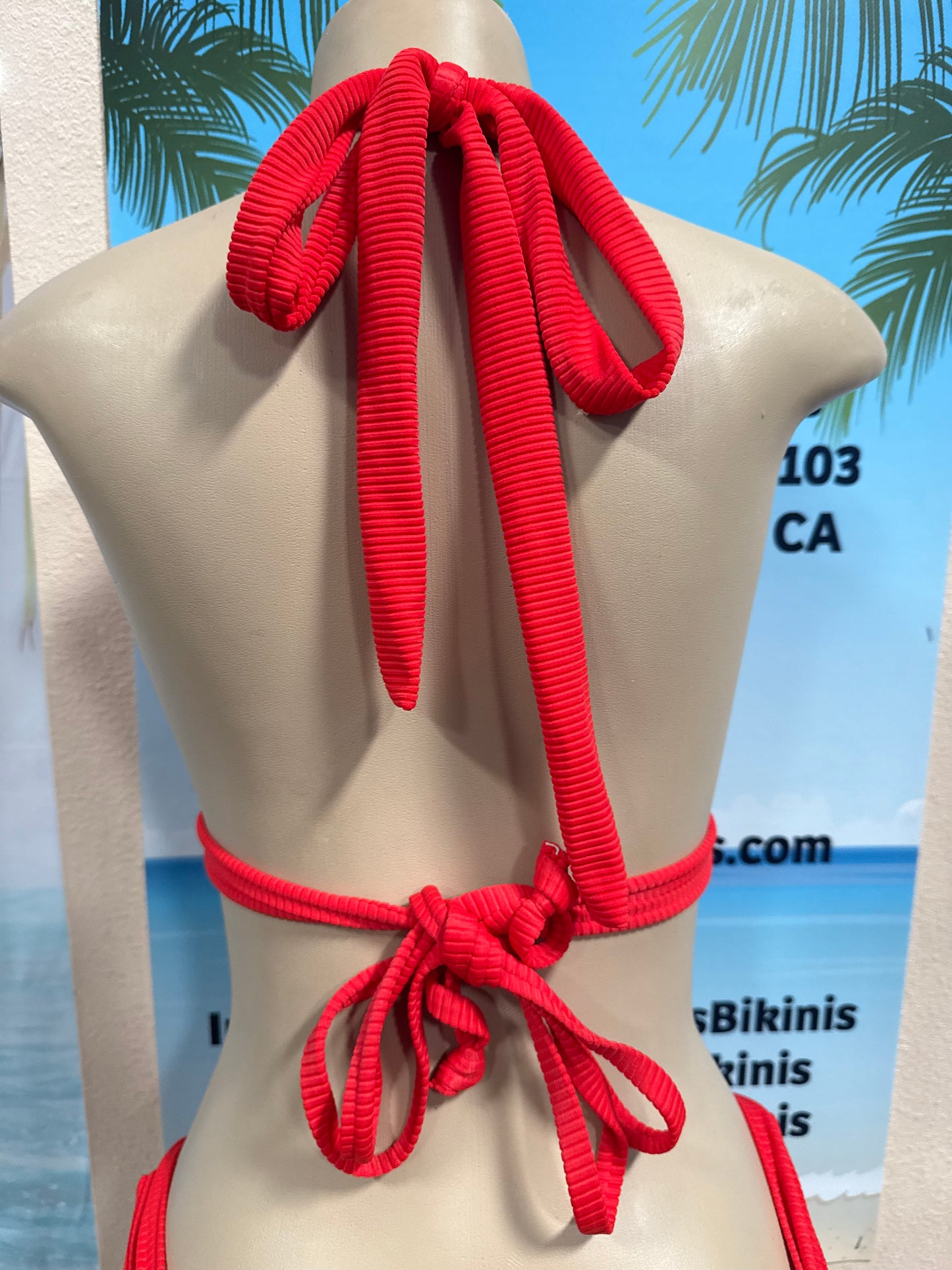 Lola Double String Bikini Top Neon Red Ribbed