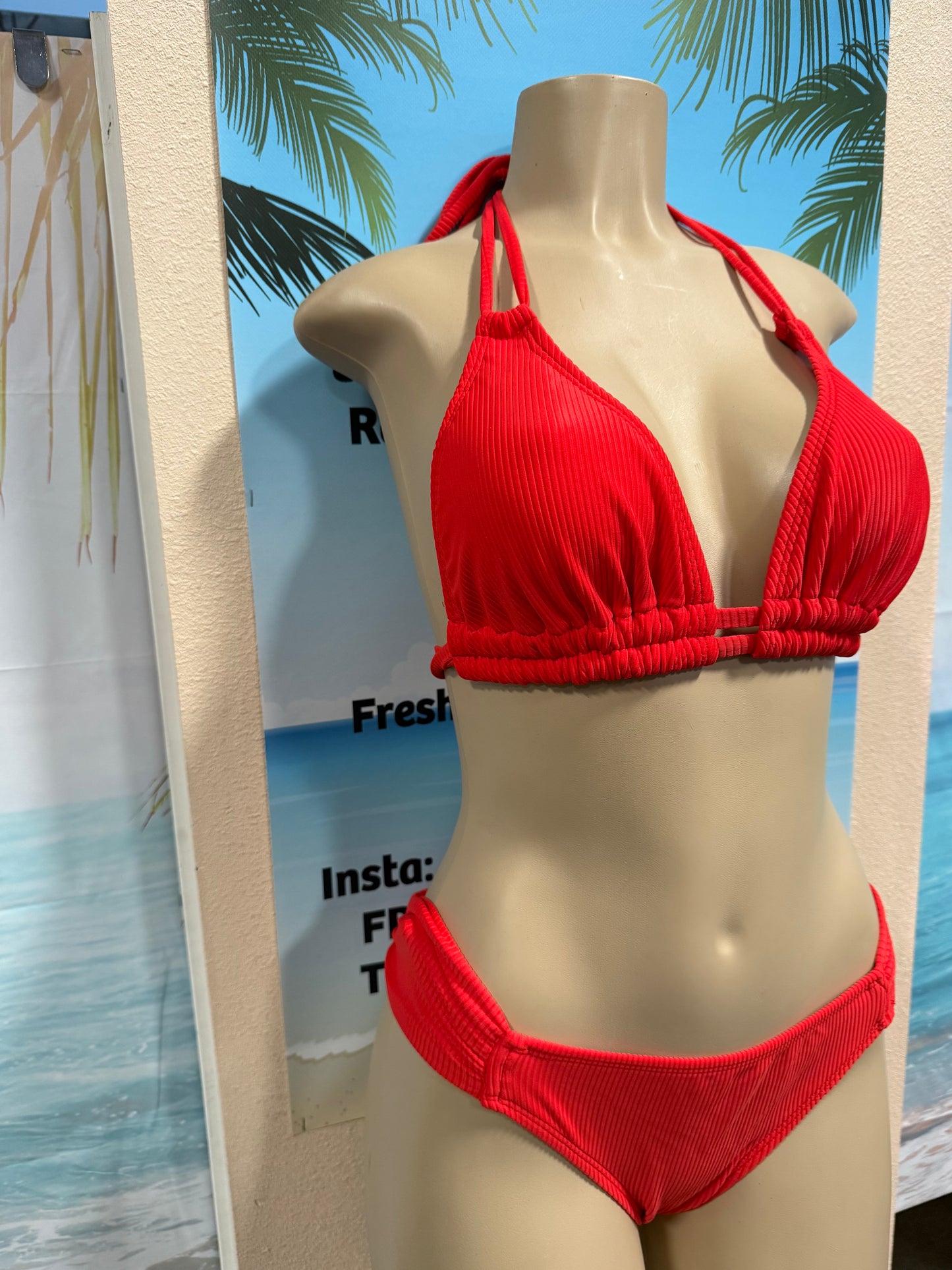 Lolita Double String Top Neon Red Ribbed