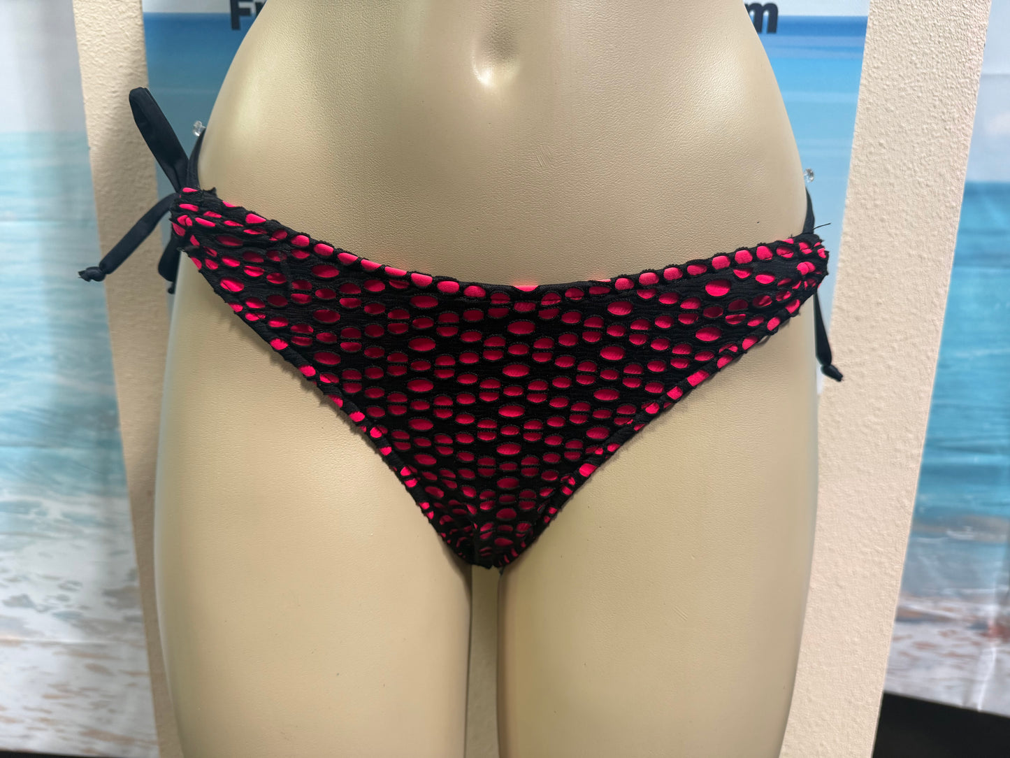 Cabo Tie Side Bottoms Rave Coral and Black Crochet Net