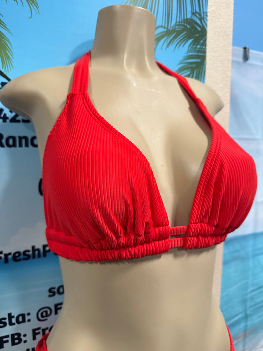 Lola Double String Bikini Top Neon Red Ribbed