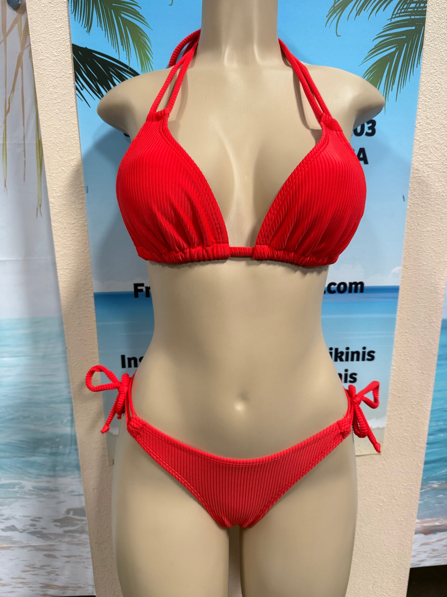 Cabo Tie Side Bottoms Neon Red Ribbed