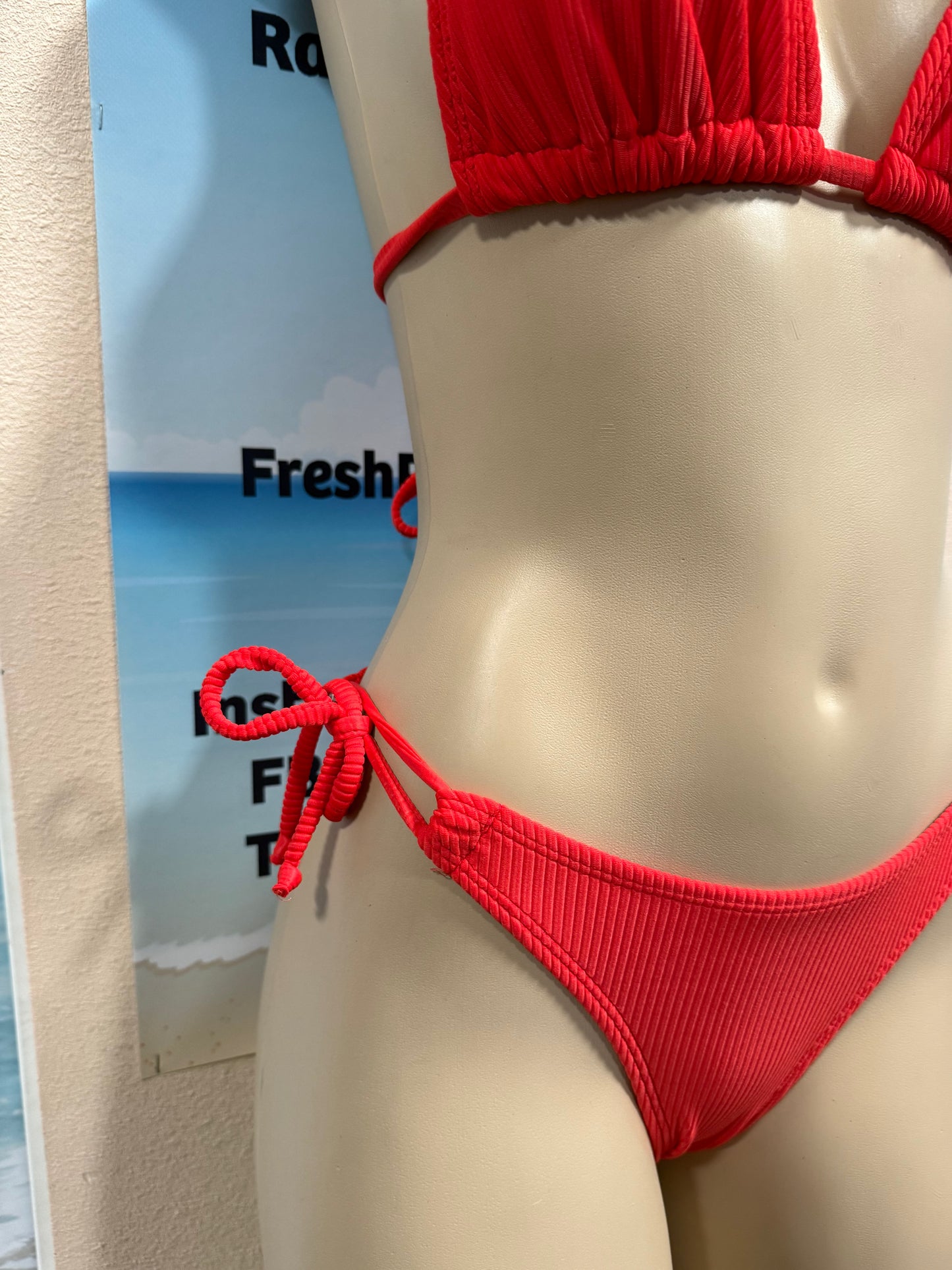 Cabo Tie Side Bottoms Neon Red Ribbed