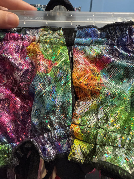 Ella Reversible Ruffle Top Blue Rainbow Snakeskin Metallic