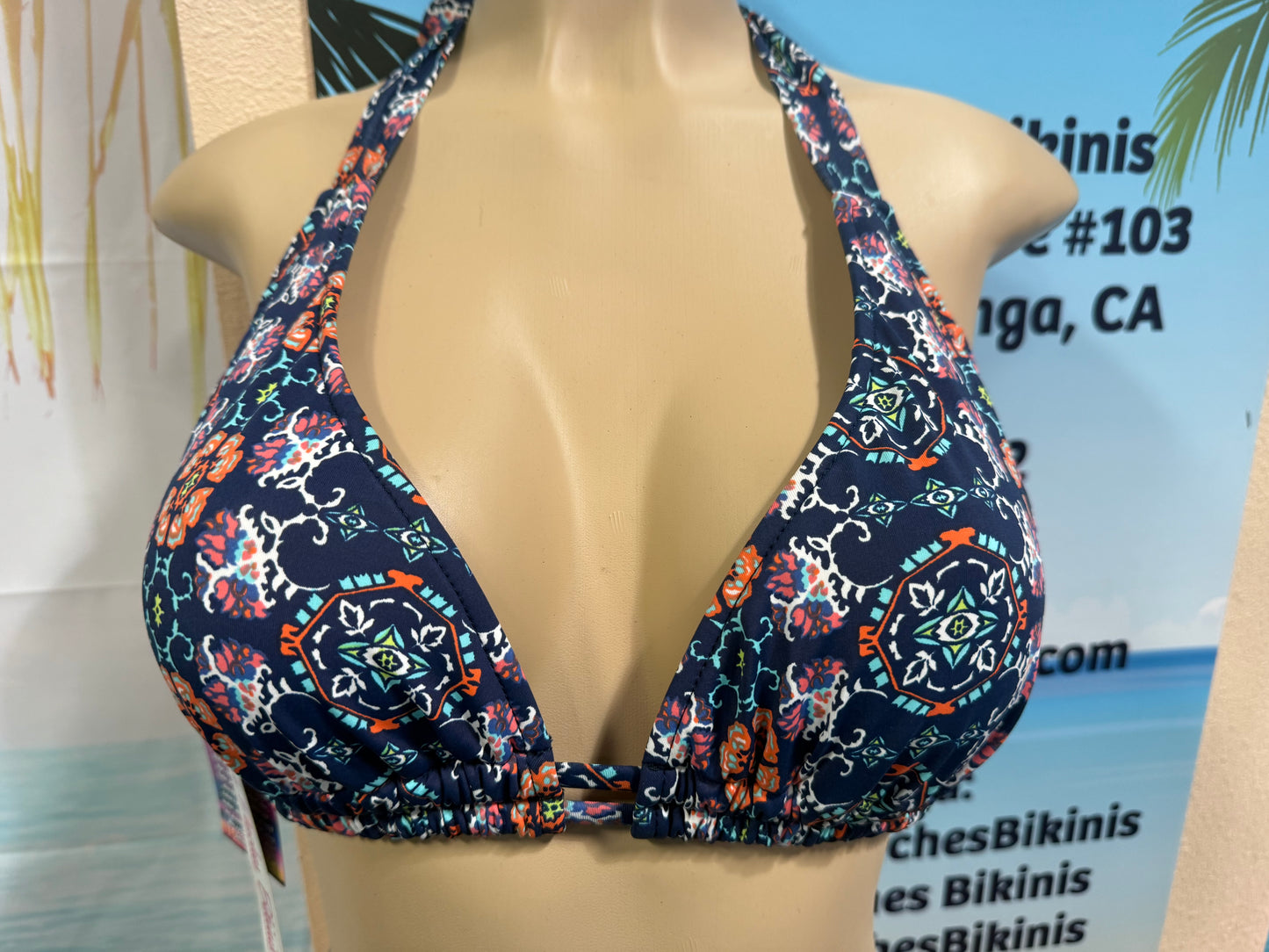 Lola Double String Bikini Top Navy Blue Coral Floral