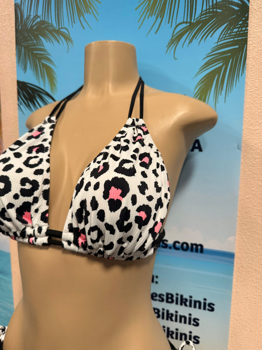 Lolita Double String Bikini Top White Leopard Ribbed
