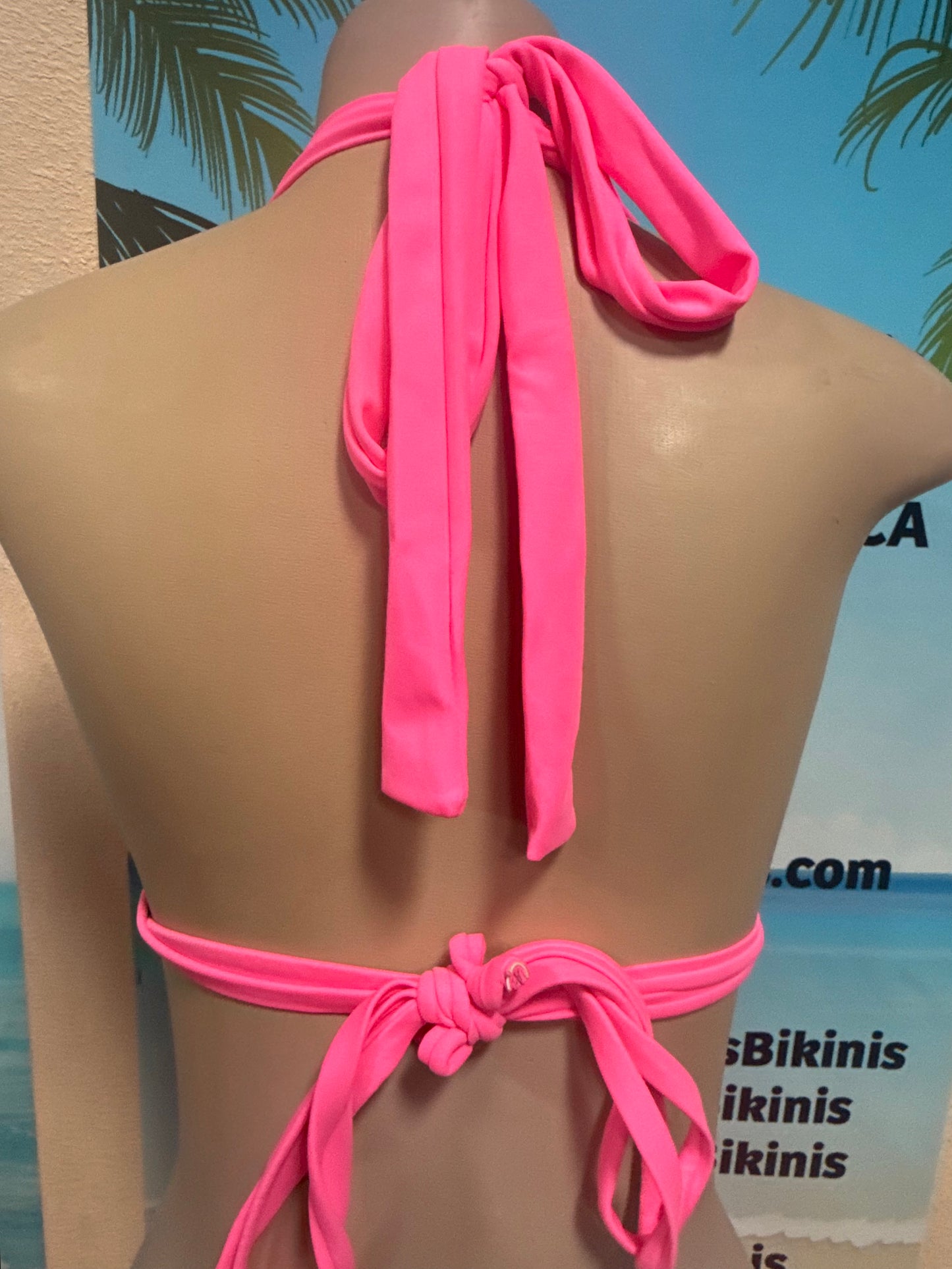 Lola Double String Bikini Top Neon Pink with Neon Yellow Crochet