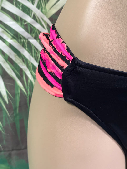 Paradise Bikini Bottoms Black with Neon Coral Pink Striped