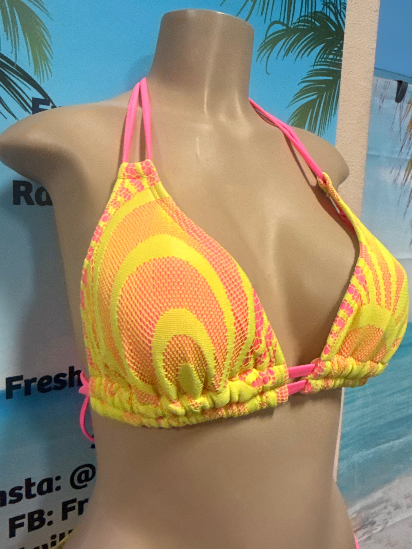 Lolita Double String Bikini Top Neon Pink with Neon Yellow Crochet