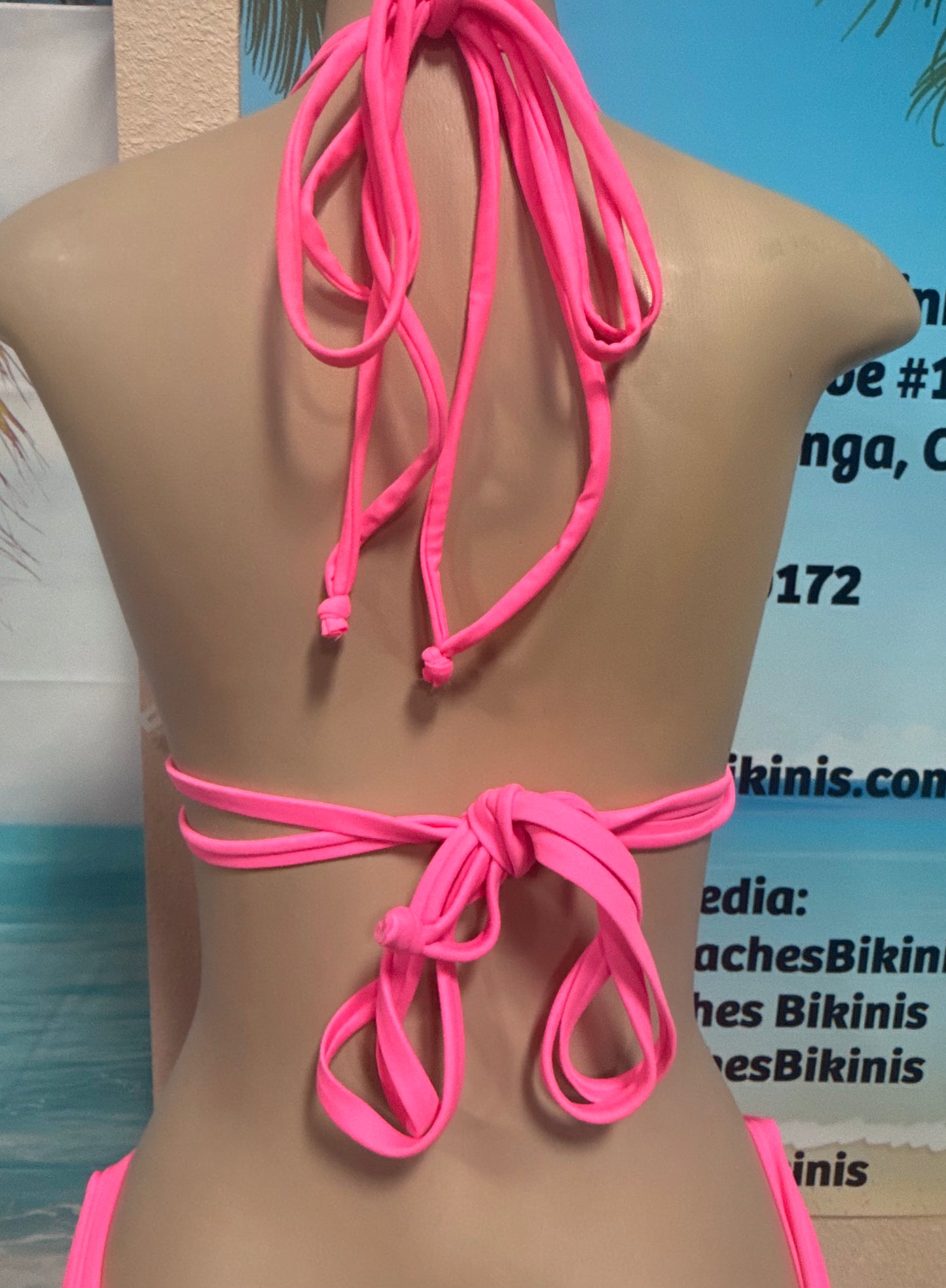 Lolita Double String Bikini Top Neon Pink with Neon Yellow Crochet