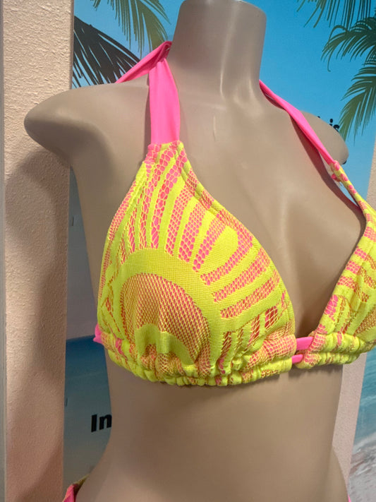 Lola Double String Bikini Top Neon Pink with Neon Yellow Crochet