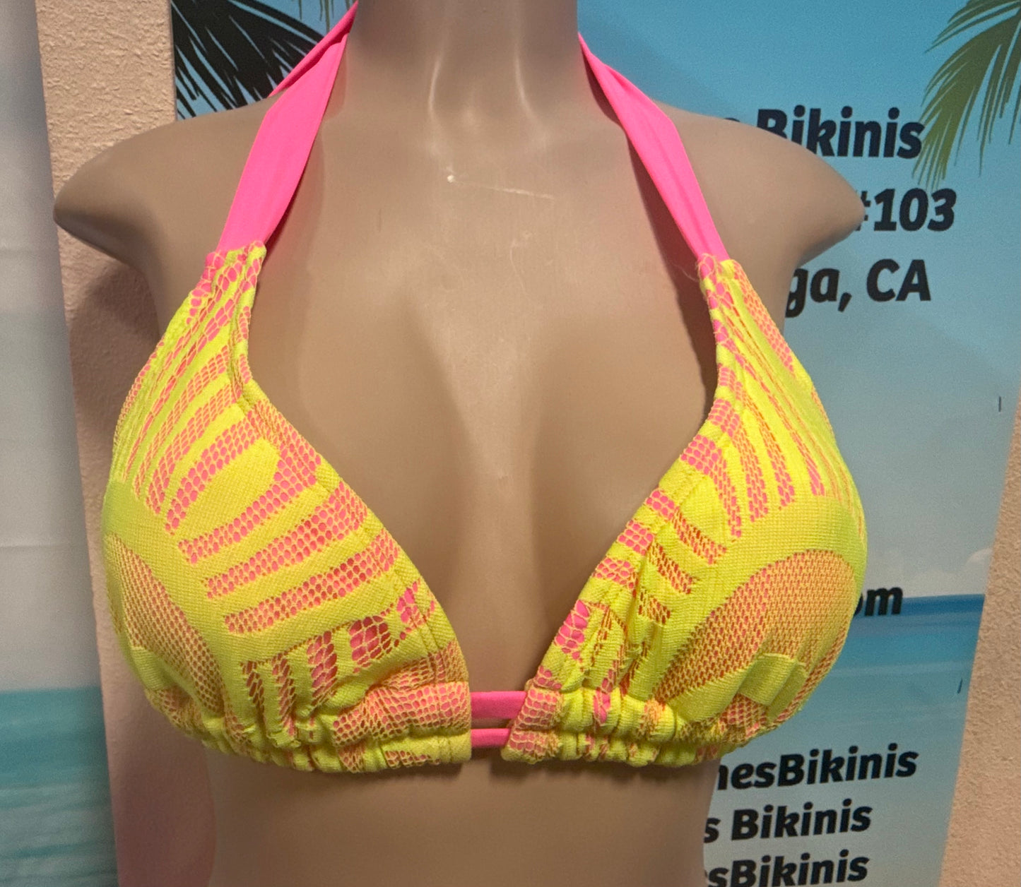 Lola Double String Bikini Top Neon Pink with Neon Yellow Crochet