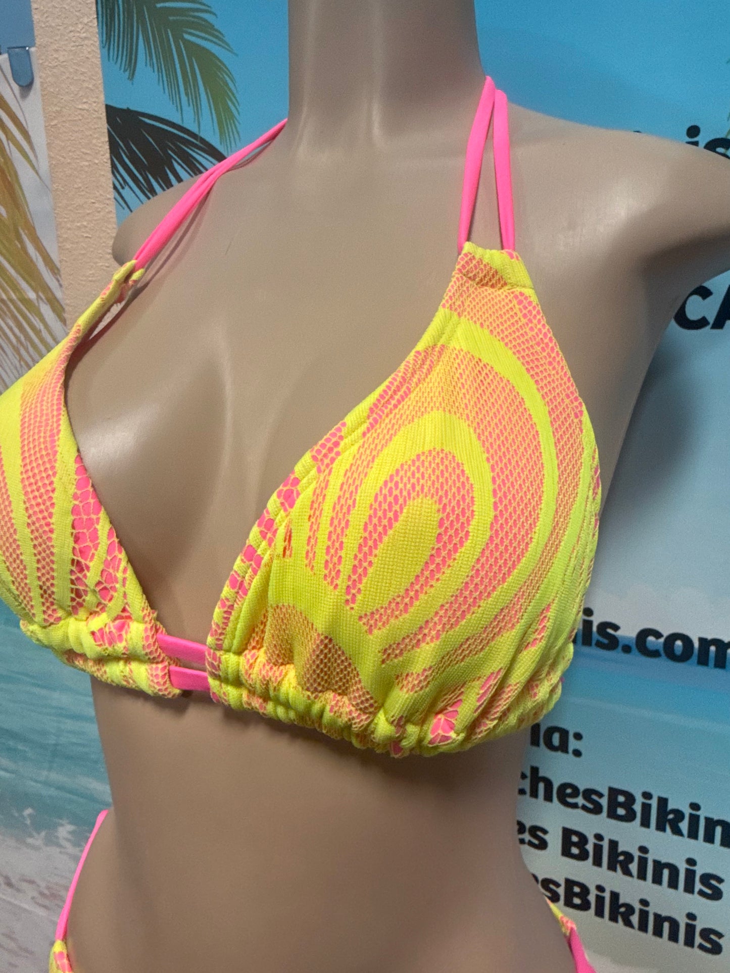 Lolita Double String Bikini Top Neon Pink with Neon Yellow Crochet