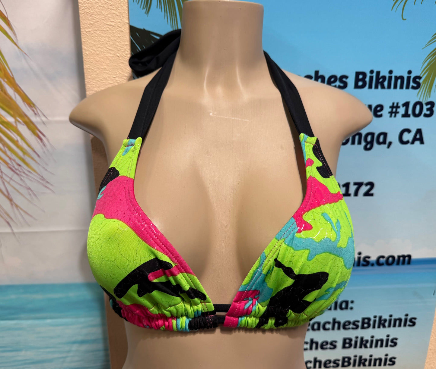 Lola Double String Bikini Top Pink Green Camouflage