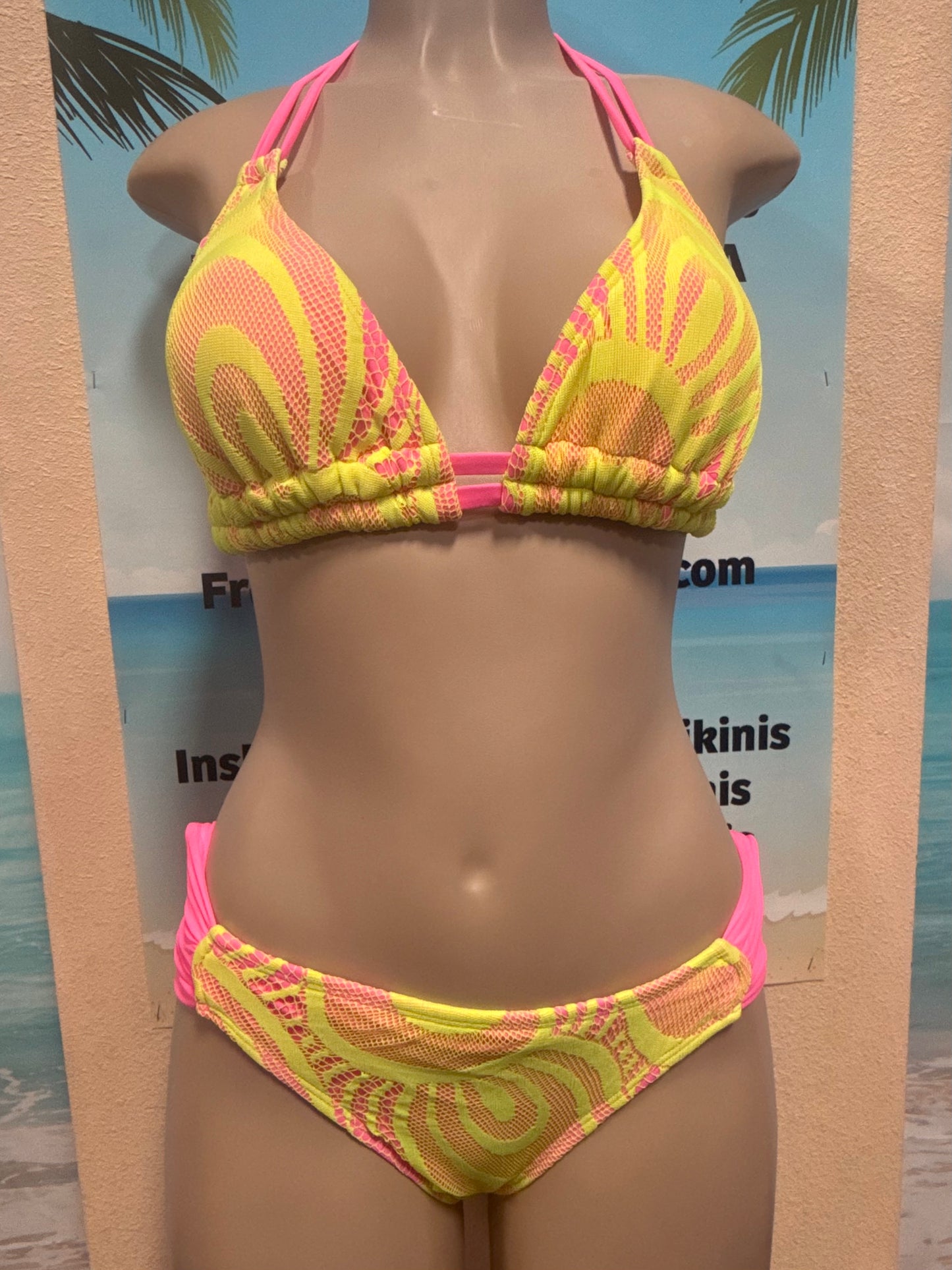 Lolita Double String Bikini Top Neon Pink with Neon Yellow Crochet