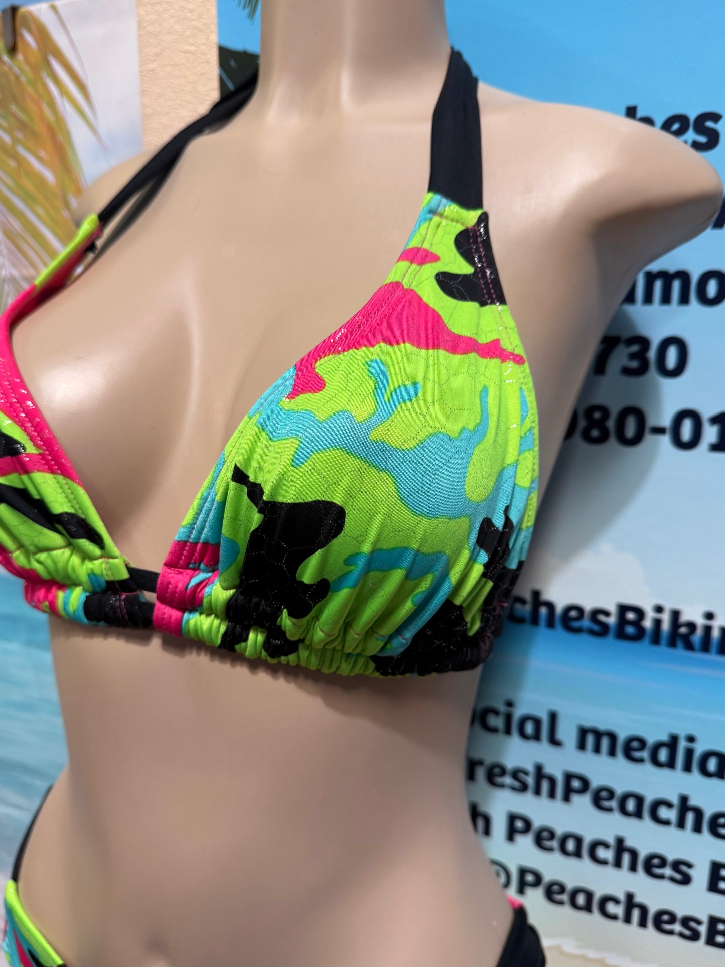 Lola Double String Bikini Top Pink Green Camouflage
