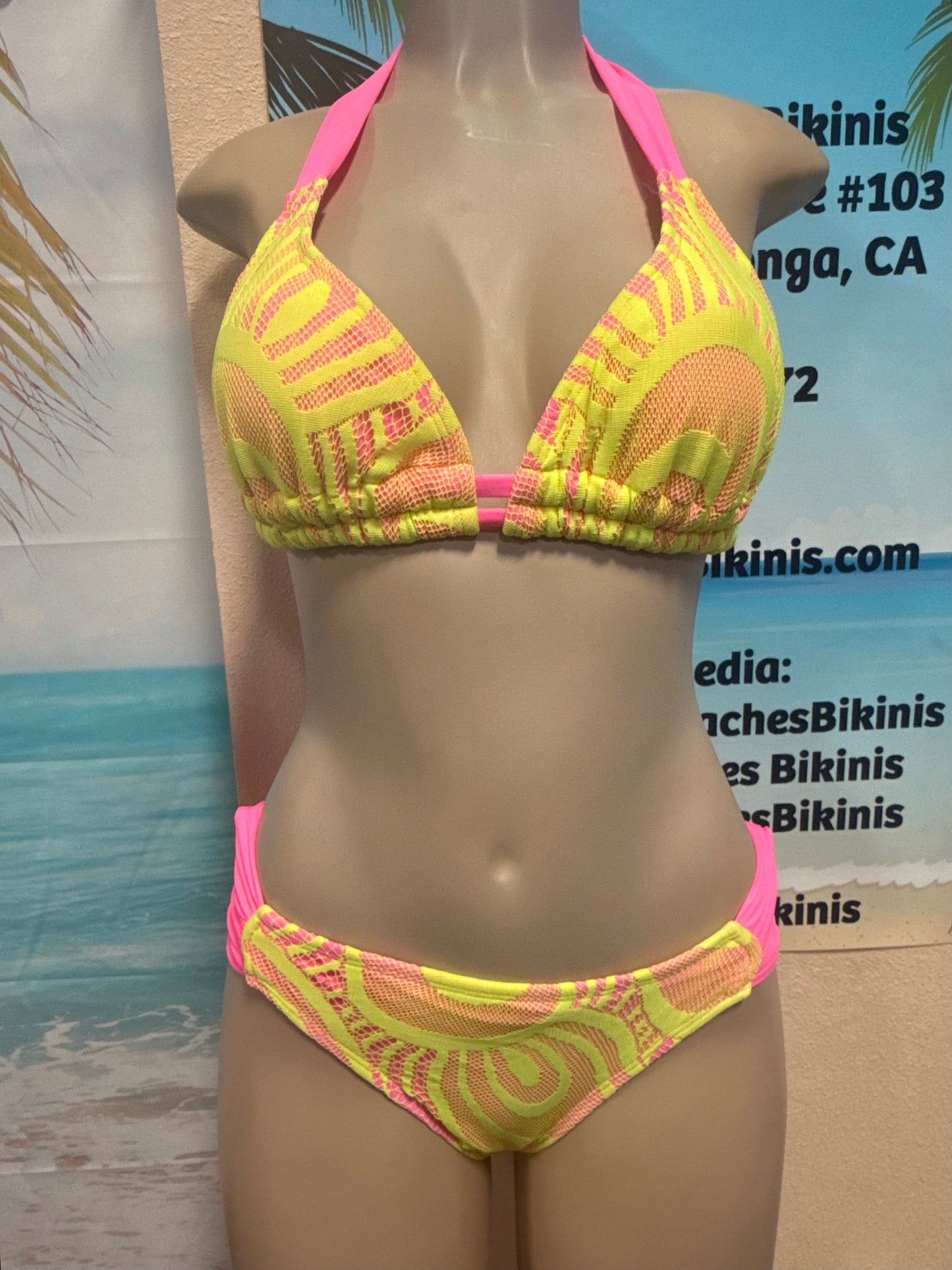 Lola Double String Bikini Top Neon Pink with Neon Yellow Crochet