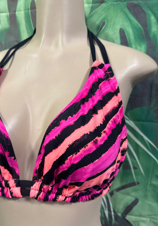 Lolita Double String Top Neon Coral Pink Black Striped