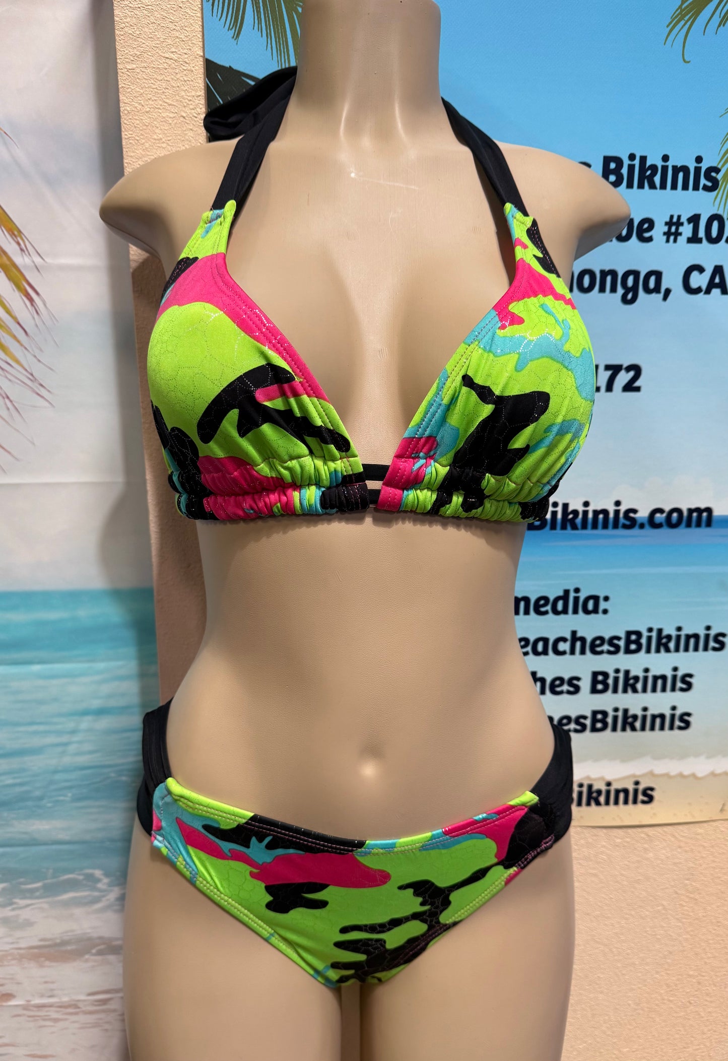Lola Double String Bikini Top Pink Green Camouflage