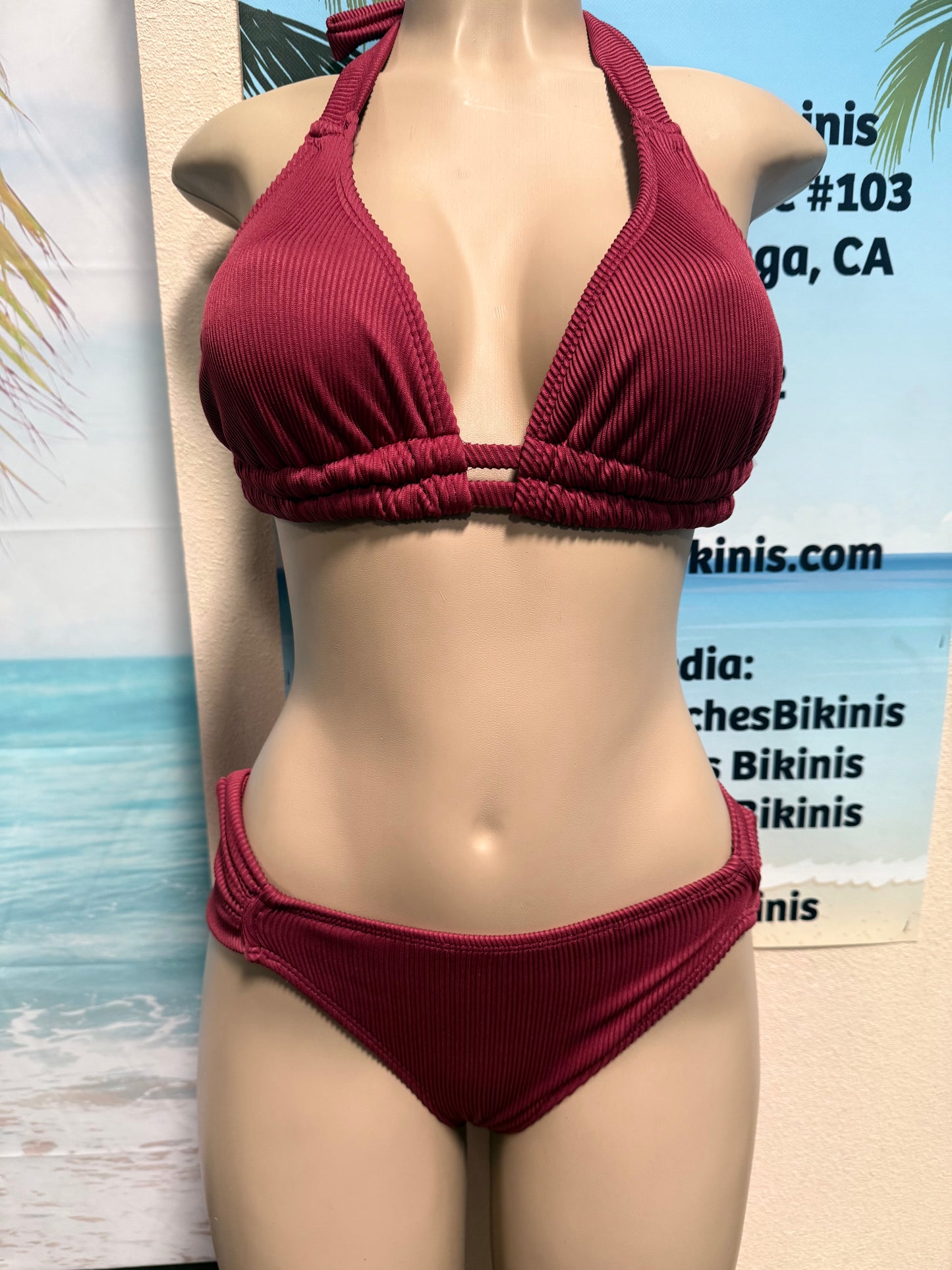 Lola Double String Bikini Top Brown Berry Ribbed