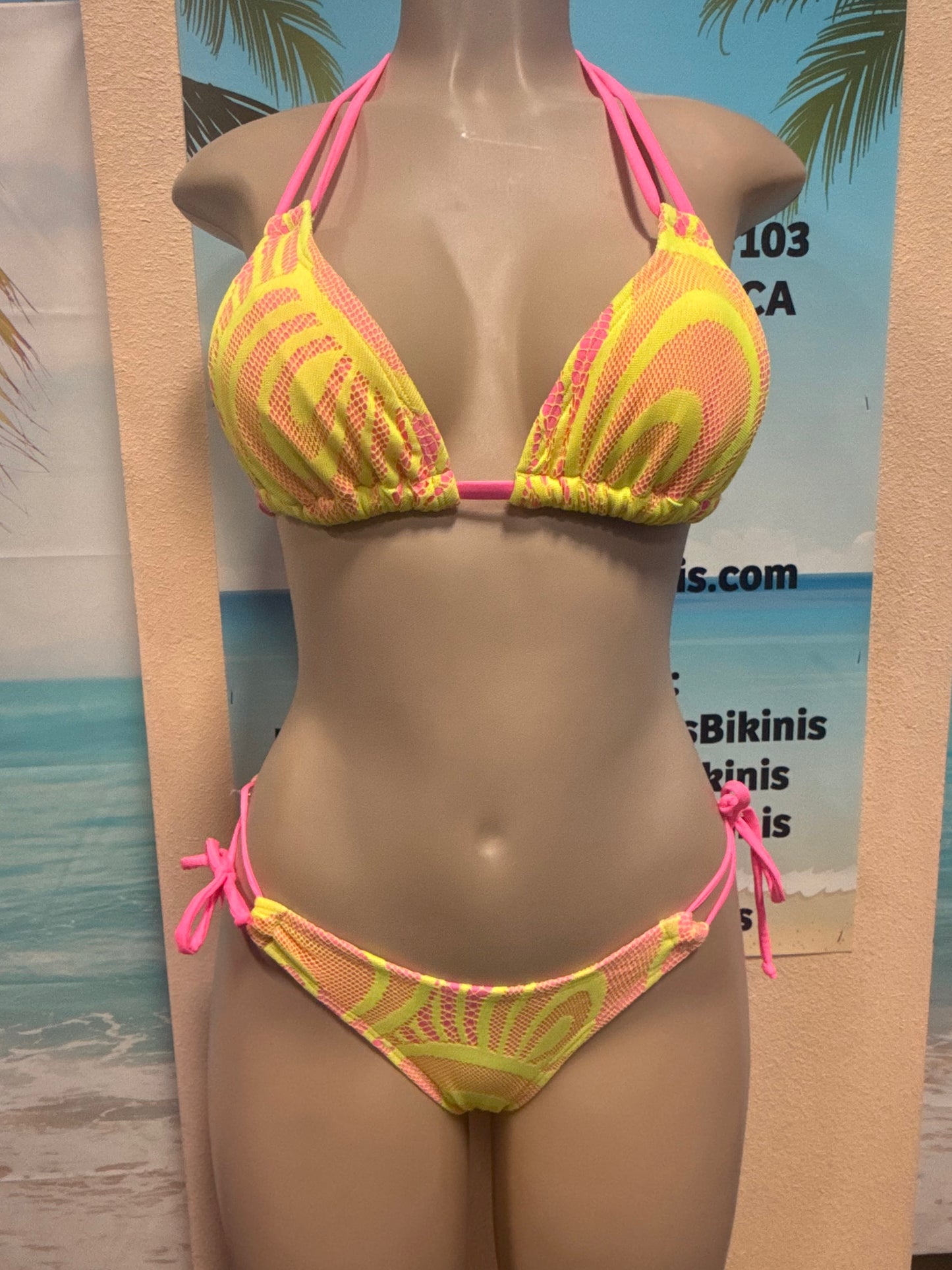 Layla Triangle Top Neon Pink with Neon Yellow Crochet