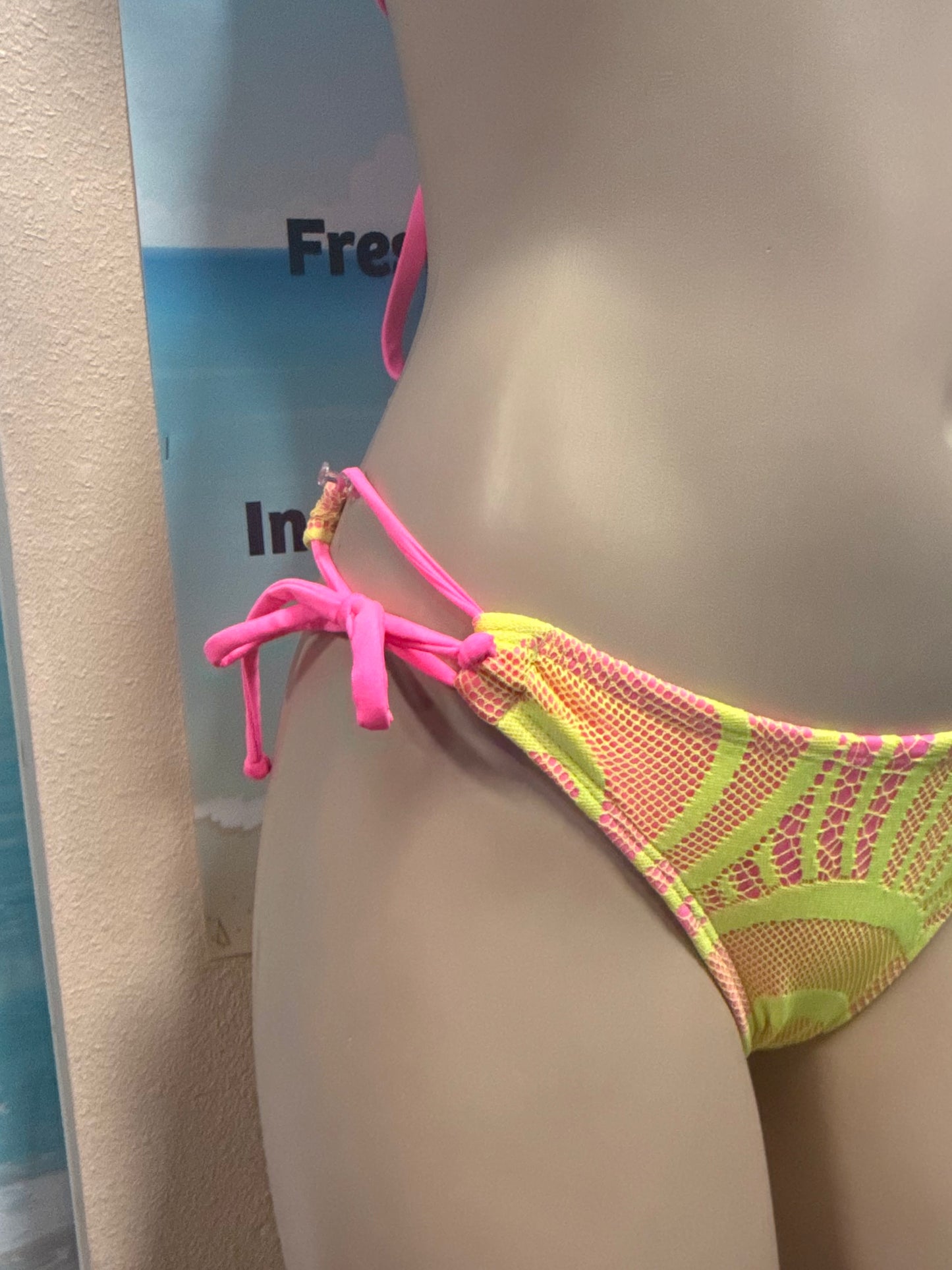 Cabo Tie Side Bottoms Neon Pink with Neon Yellow Crochet