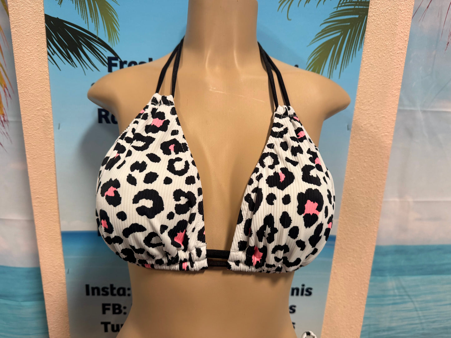 Lolita Double String Bikini Top White Leopard Ribbed