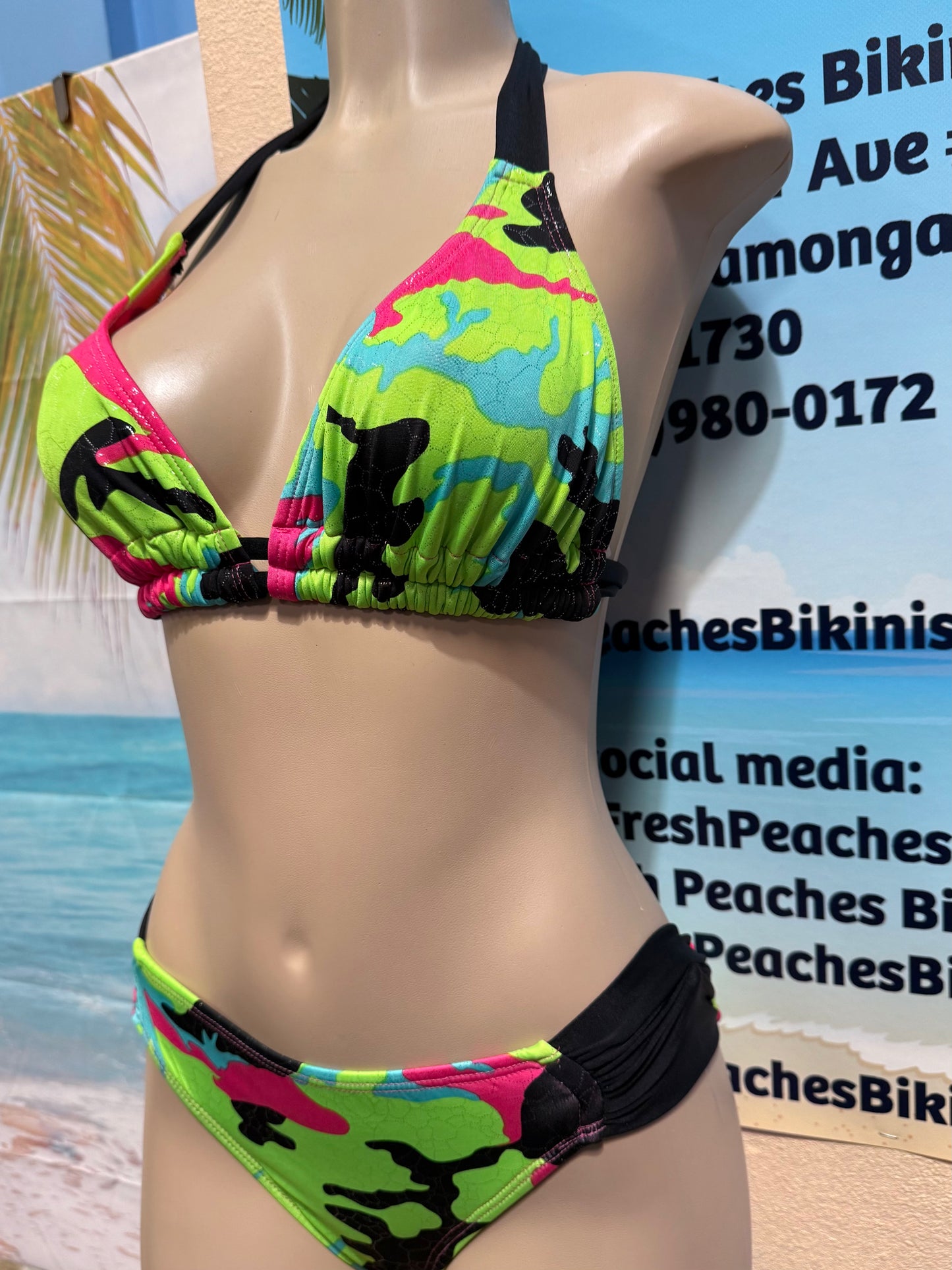 Lola Double String Bikini Top Pink Green Camouflage