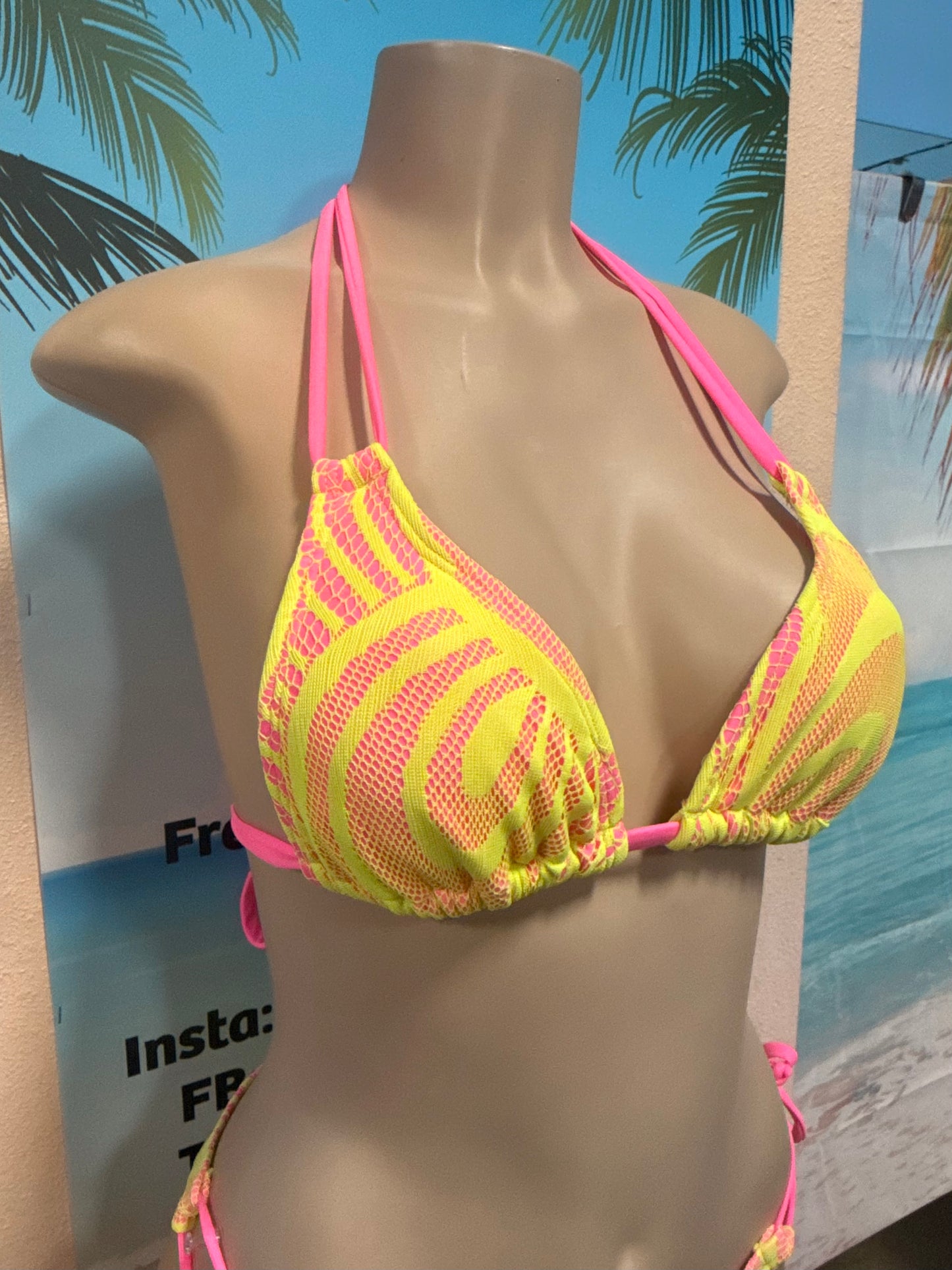 Layla Triangle Top Neon Pink with Neon Yellow Crochet