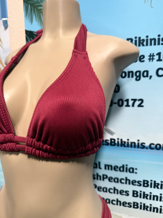 Lola Double String Bikini Top Brown Berry Ribbed