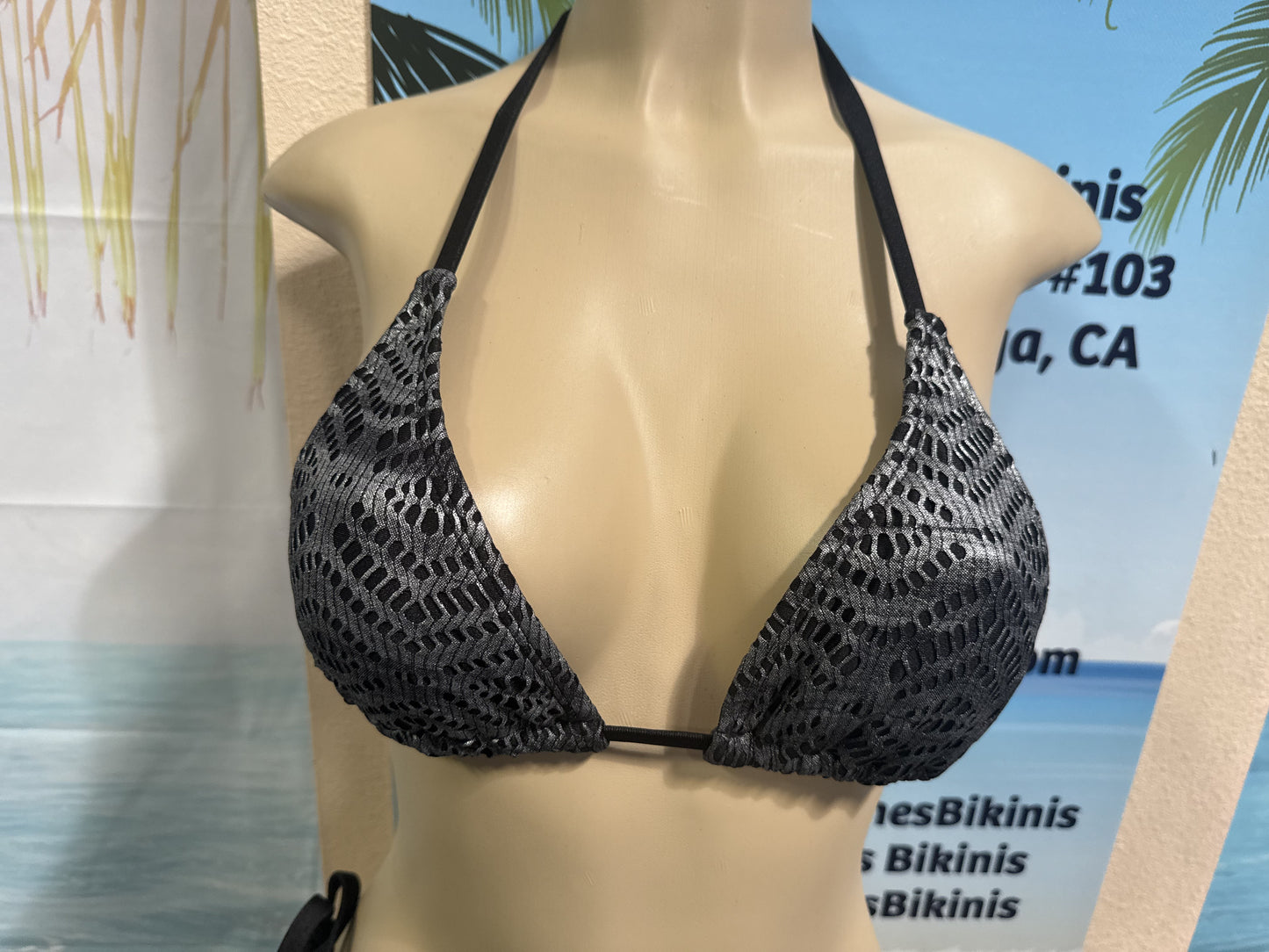 Lyla Triangle Top Black Silver Metallic Crochet Net