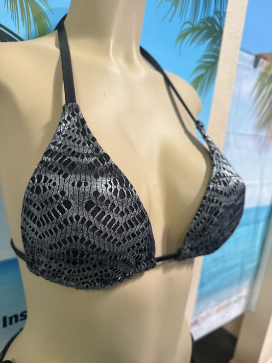 Lyla Triangle Top Black Silver Metallic Crochet Net
