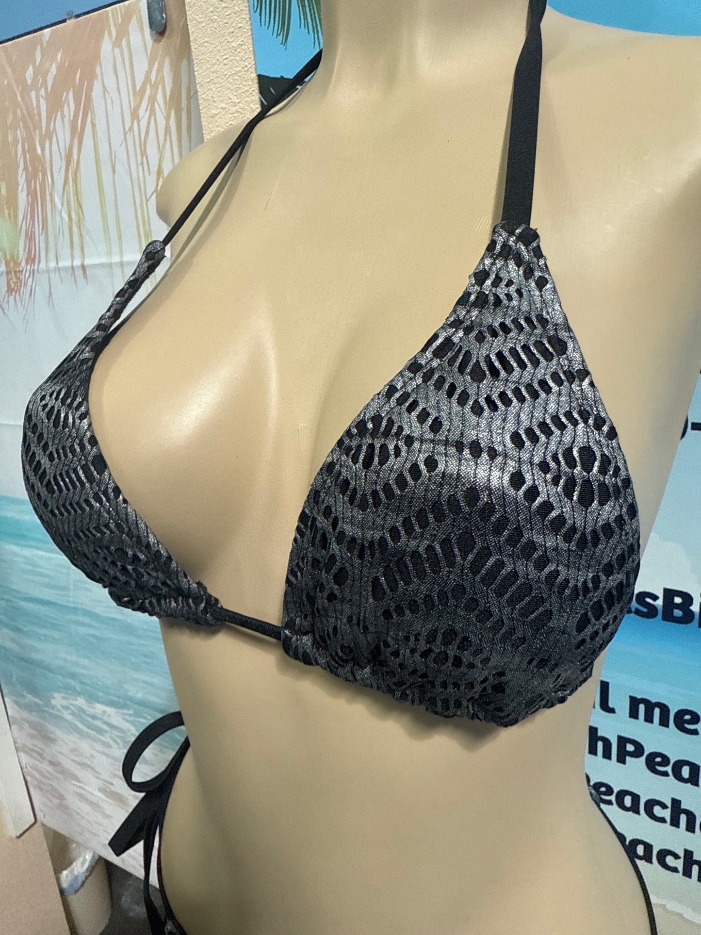 Lyla Triangle Top Black Silver Metallic Crochet Net