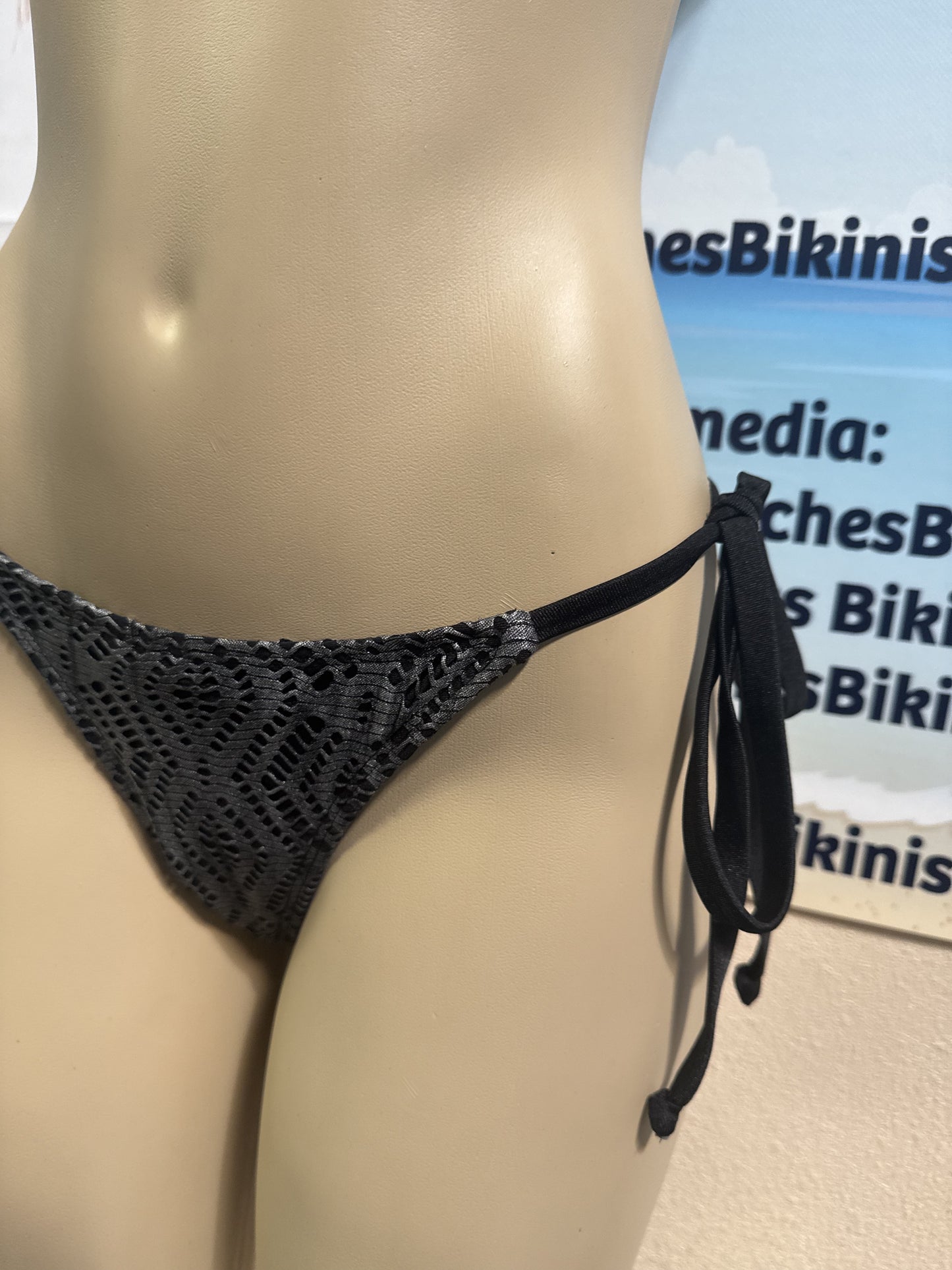 Islander Rio Tie Side Bottoms in Black Silver Metallic Crochet Net