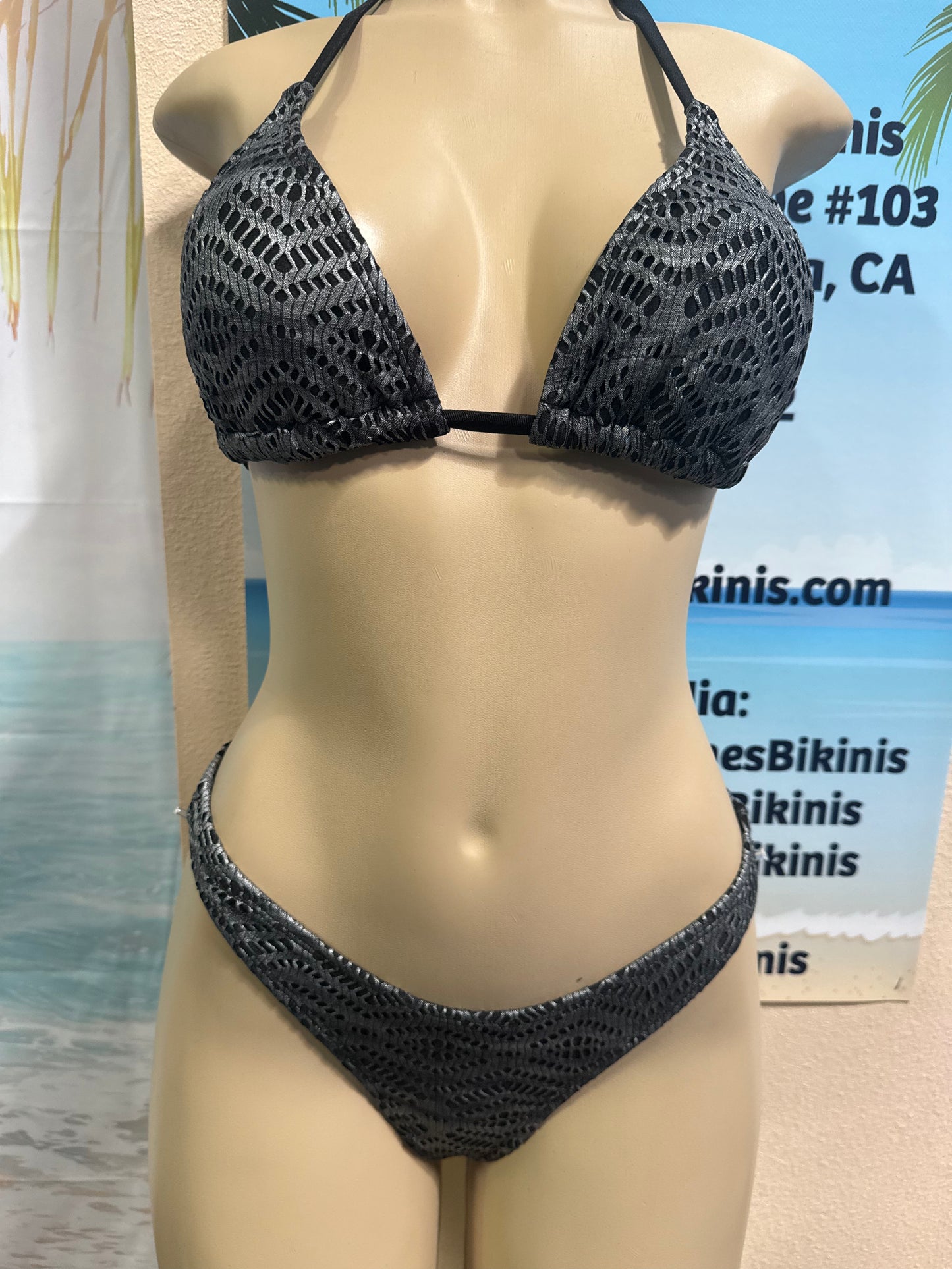 Thong Bottoms Black Silver Metallic Crochet Net