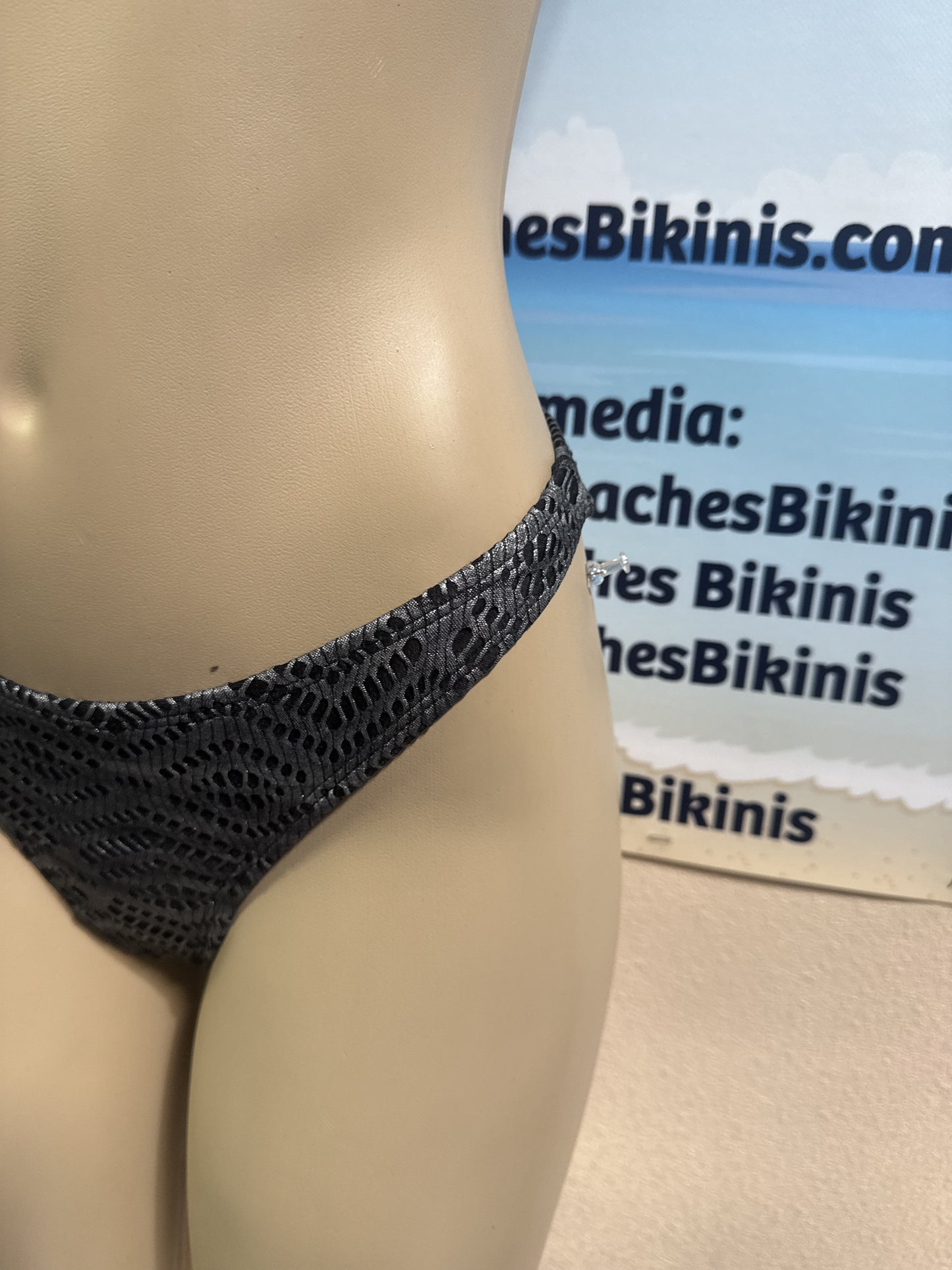 Thong Bottoms Black Silver Metallic Crochet Net