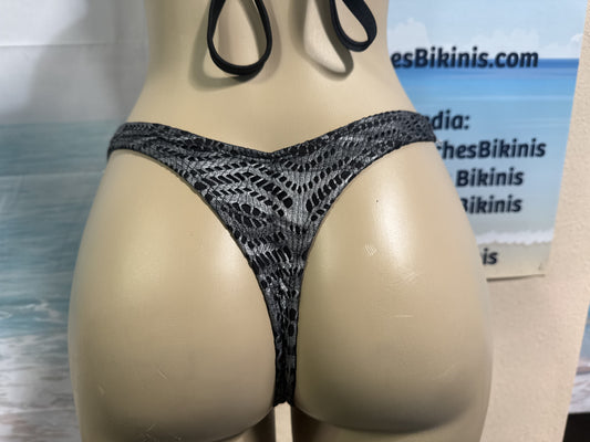 Thong Bottoms Black Silver Metallic Crochet Net