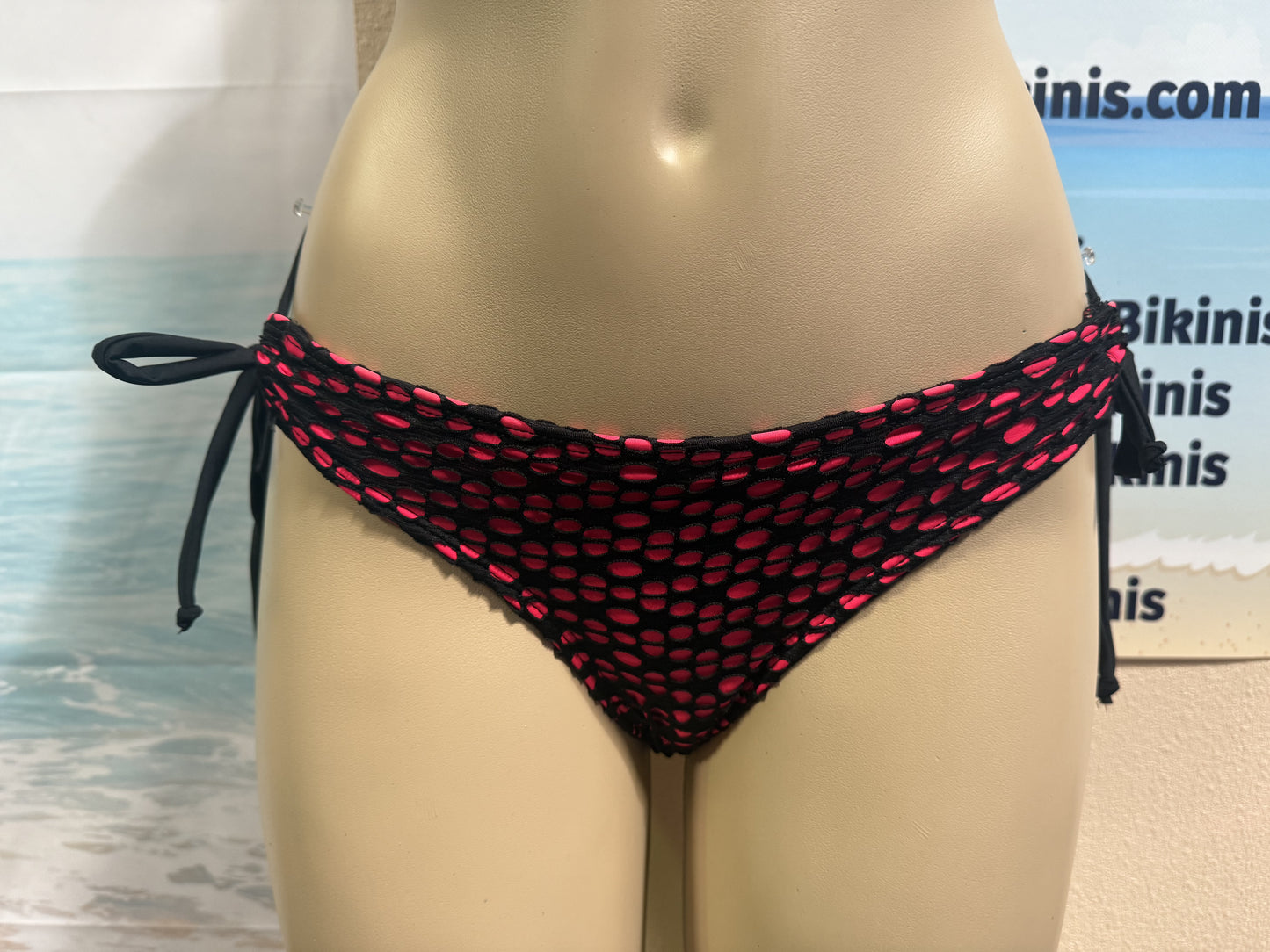 Tonga Bikini Bottoms Tie Sides Rave Coral with Black Crochet Net