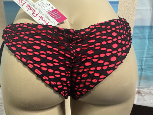 Tonga Bikini Bottoms Tie Sides Rave Coral with Black Crochet Net