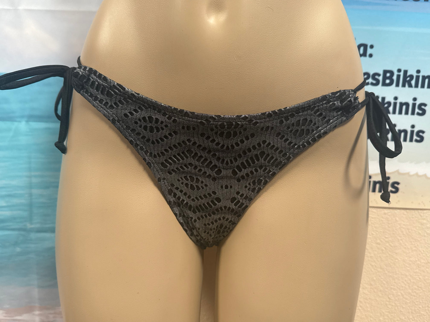 Cabo Tie Side Bottoms in Black Silver Metallic Crochet Net
