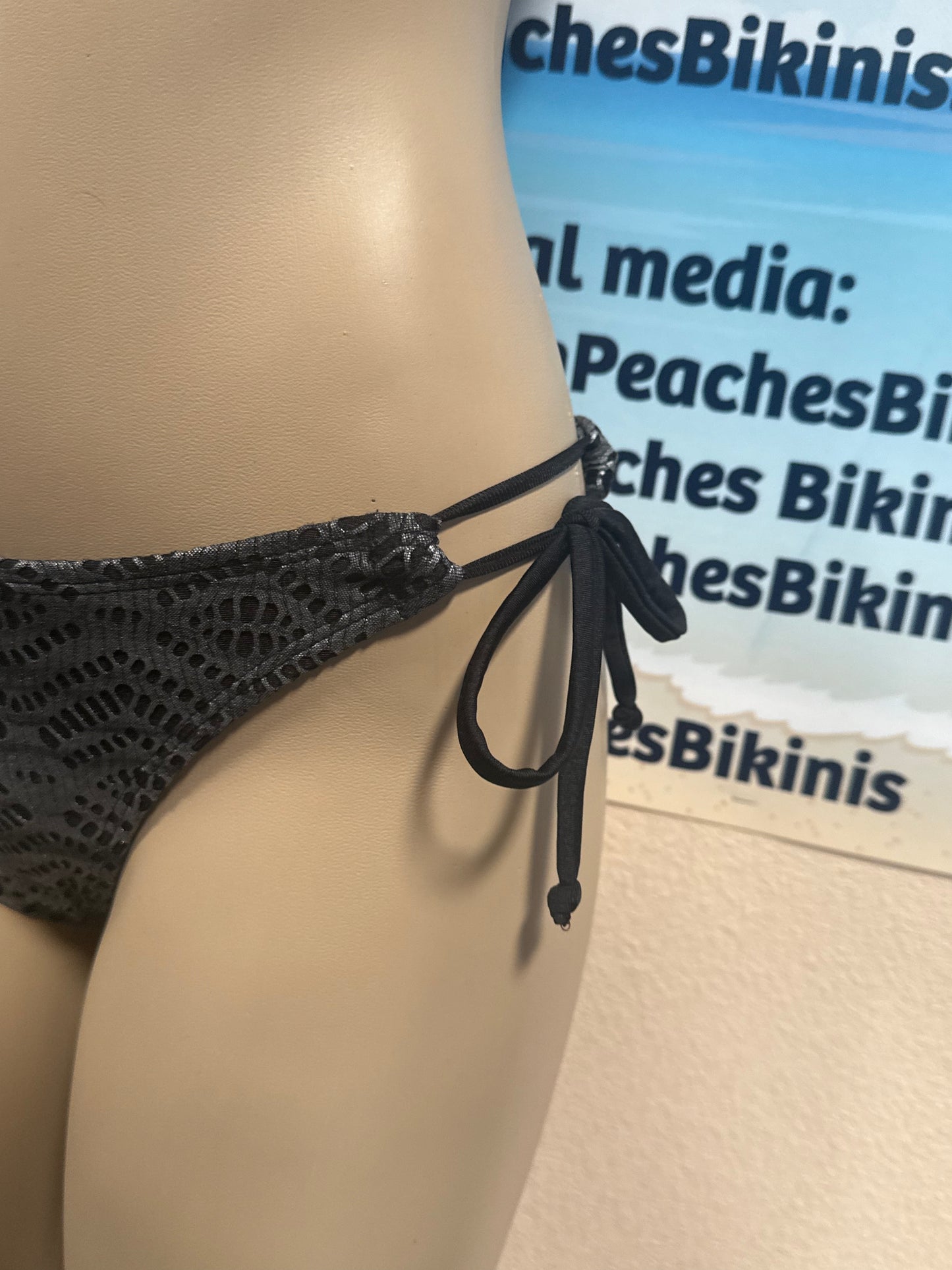 Cabo Tie Side Bottoms in Black Silver Metallic Crochet Net