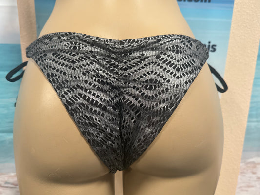 Cabo Tie Side Bottoms in Black Silver Metallic Crochet Net