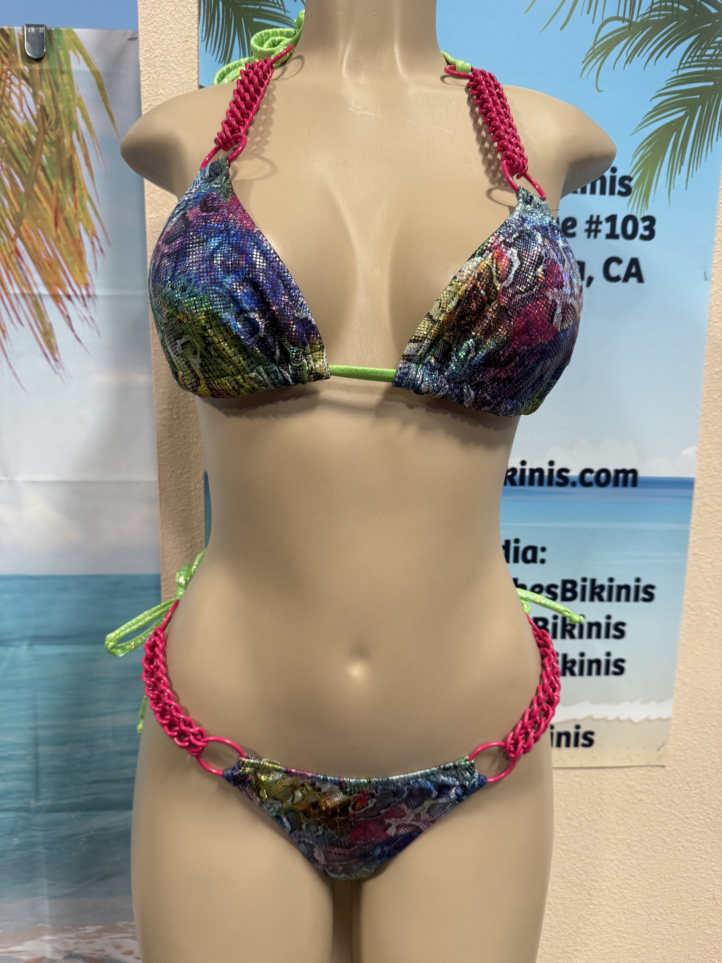 Lyla Chain Triangle Top Rainbow Snakeskin with Pink Chains