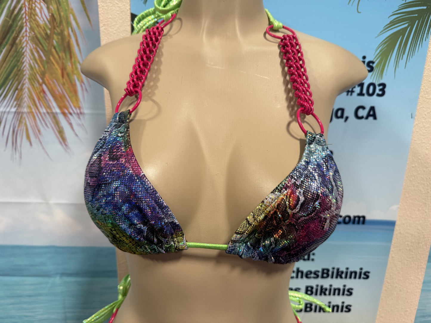 Lyla Chain Triangle Top Rainbow Snakeskin with Pink Chains