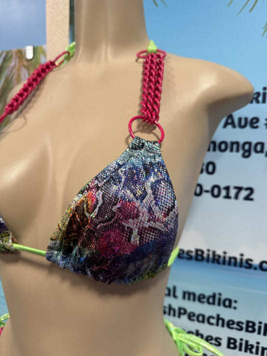 Lyla Chain Triangle Top Rainbow Snakeskin with Pink Chains