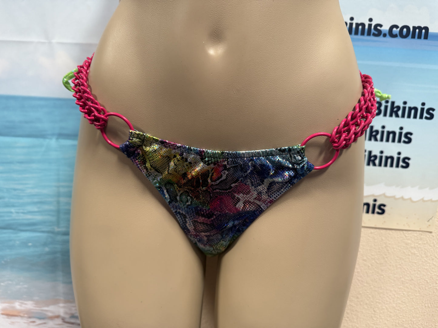 Thong To Tie Bottoms Rainbow Snakeskin with Pink Chains