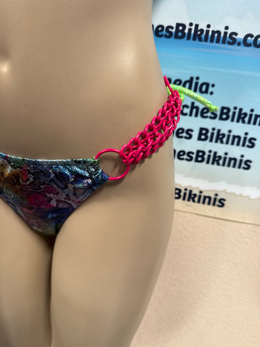 Thong To Tie Bottoms Rainbow Snakeskin with Pink Chains