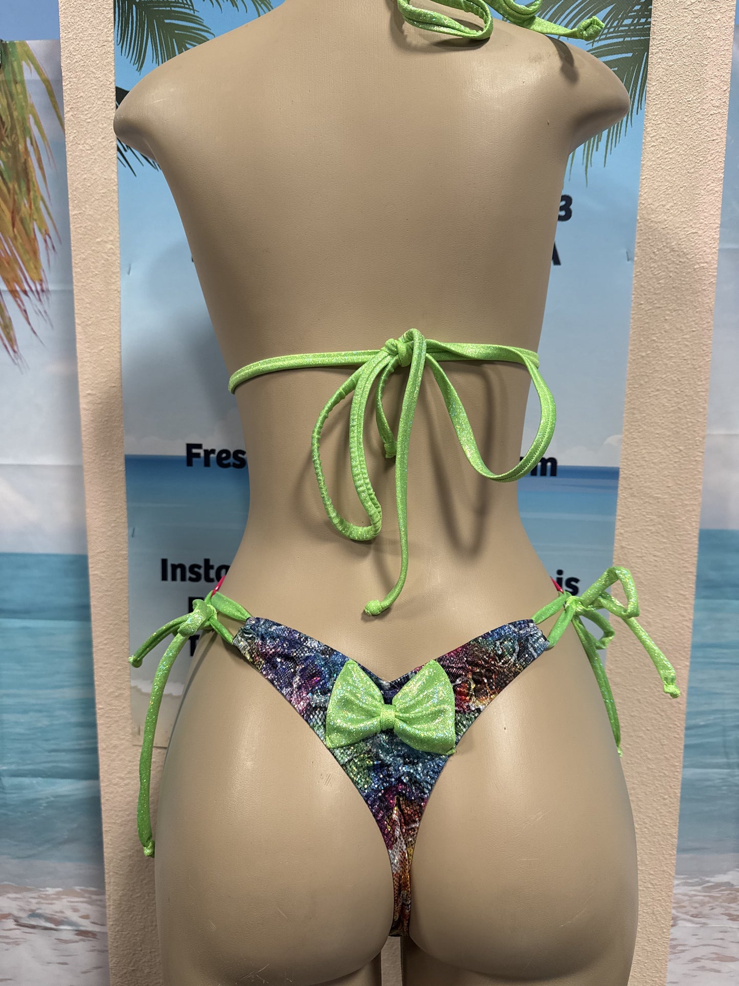 Thong To Tie Bottoms Rainbow Snakeskin with Pink Chains
