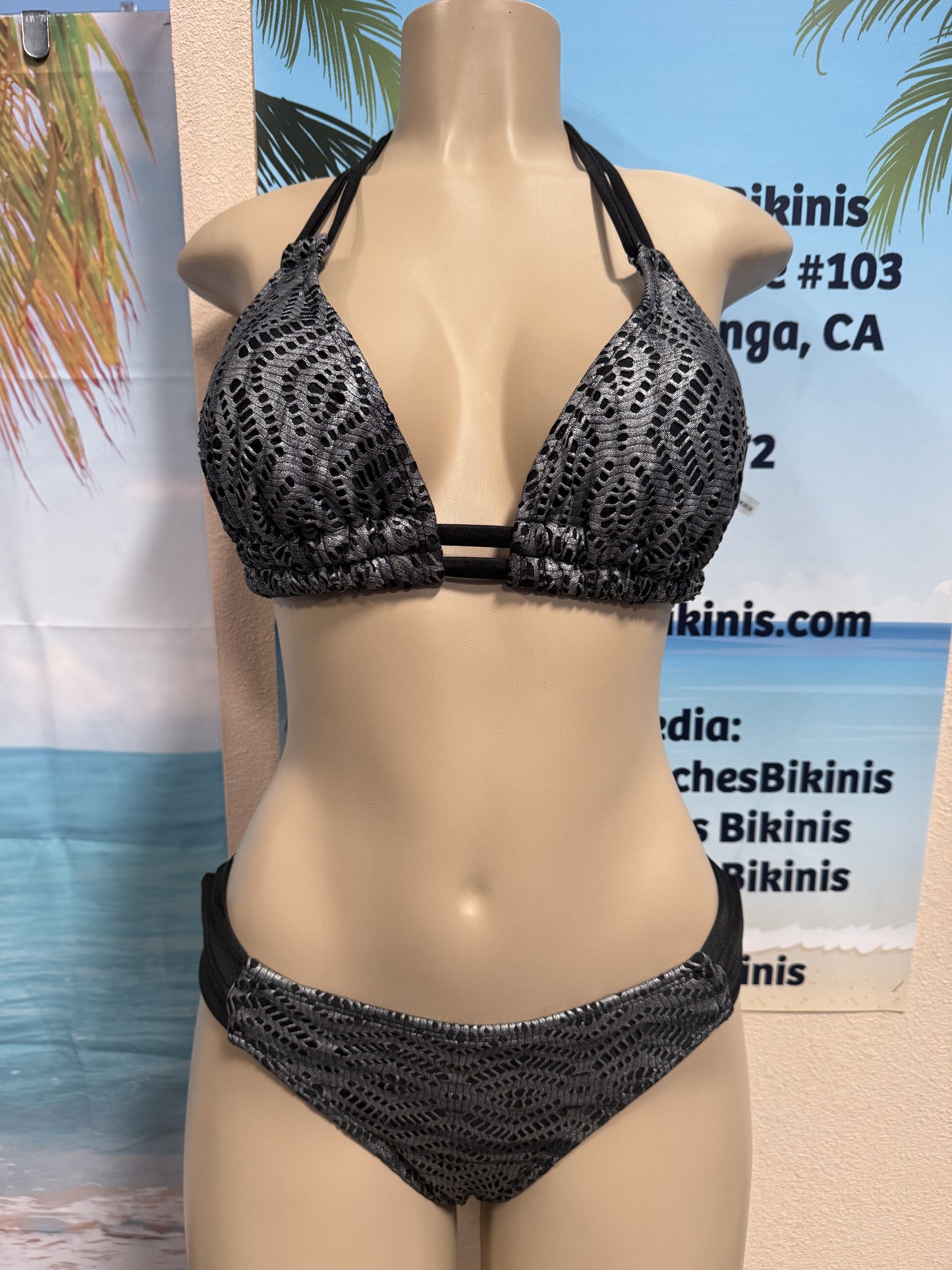 Lolita Double String Bikini Top Black Silver Crochet Net
