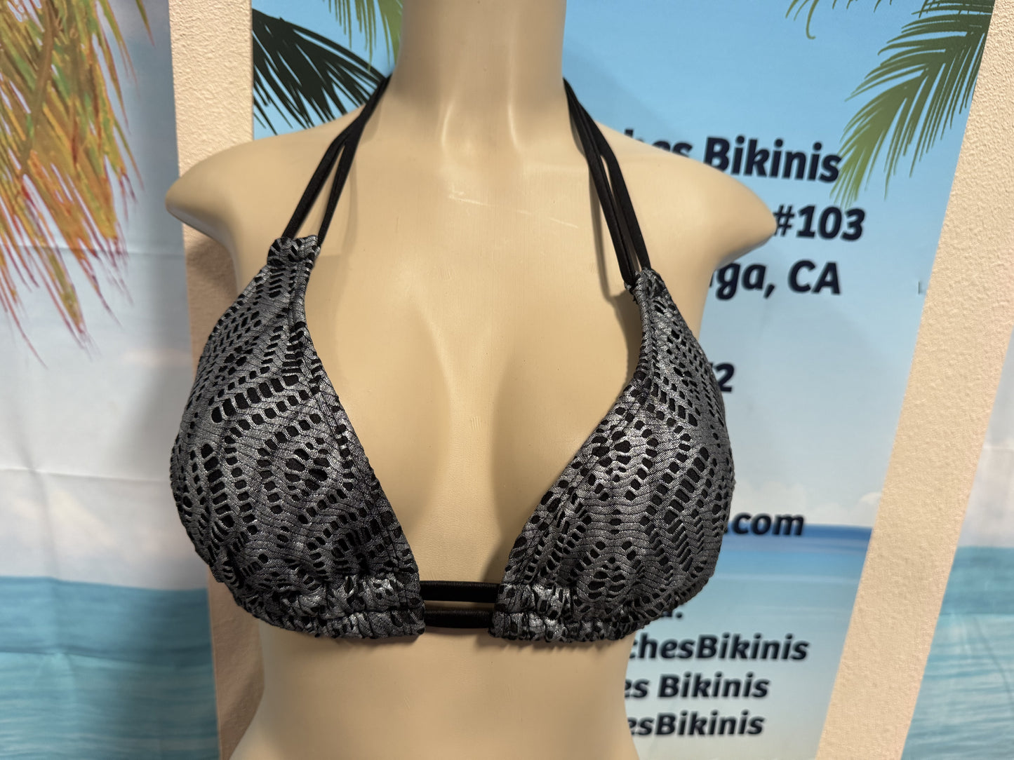 Lolita Double String Bikini Top Black Silver Crochet Net