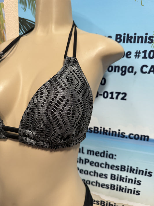 Lolita Double String Bikini Top Black Silver Crochet Net